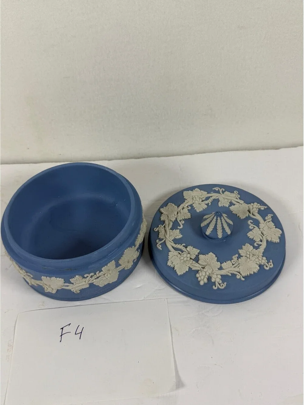 Vintage Wedgwood Blue Jasperware Lidded Trinket Box Grape Vine Pattern F4